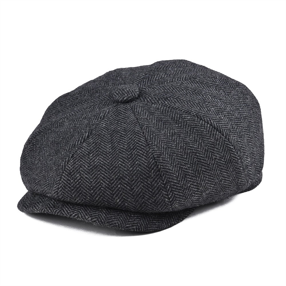 Tweed Wool 8 piece Black Herringbone Newsboy Cap