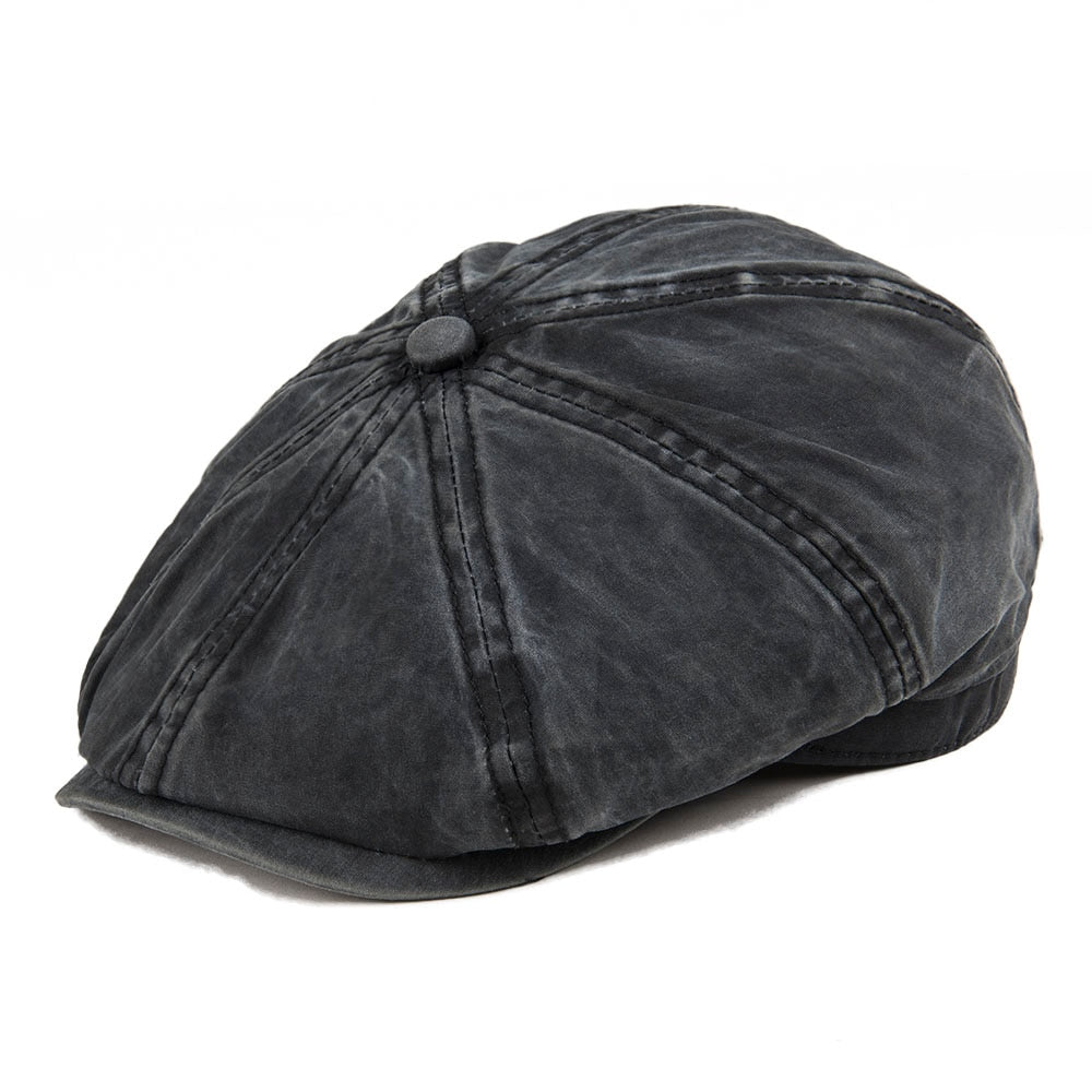 Black Washed Cotton Newsboy Cap